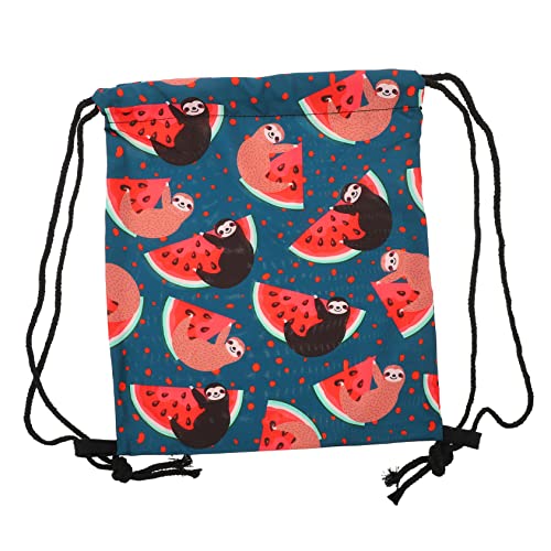 AKOOSY Kordelzug Rucksack mit Verstellbarem Tunnelzug Großer Kapazität Wasserabweisender Oxford Leichter Schulterbeutel für Damen und Niedliches Faultier und Wassermelonenmuster von AKOOSY