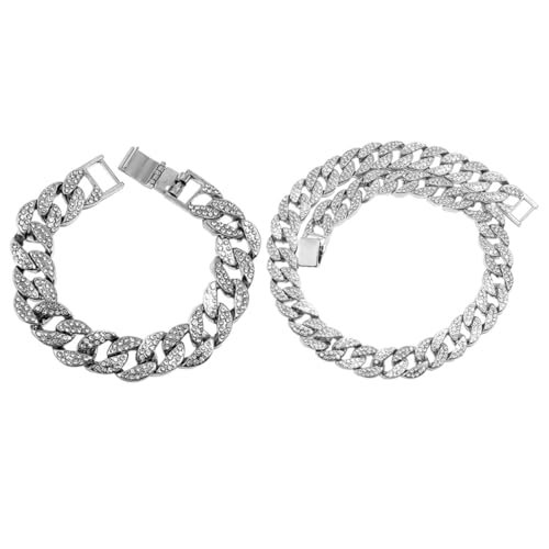 AKOOSY Kubansiche Gliederkette und Armband Herren Hip Hop Schmuck mit Voller Strassbesatz Silber Halskette Armband für Streetstyle und Party von AKOOSY