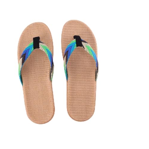 AKOOSY Lässige Unisex Flip Flops aus Langlebigem Leinengewebe Rutschfeste Haushalts Sandalen mit Flacher Sohle Bequemes Fußbett für Strand Dusche und Alltag Blau Grün von AKOOSY