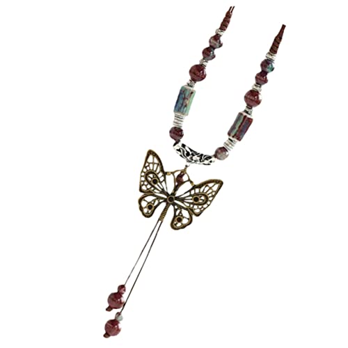 AKOOSY Lange Pulloverkette Damen Vintage Stil Keramik Perlen Anhänger Charm Kette Schmetterlingsdesign Modeschmuck Trendige Halskette für Freizeit und Alltag von AKOOSY