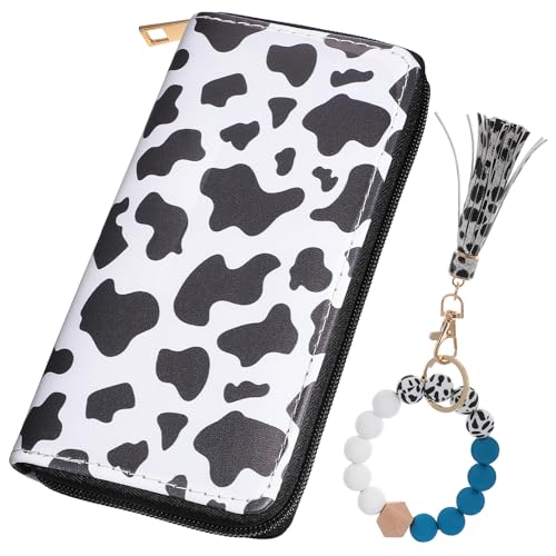 AKOOSY Langes Damen Cow Print PU Portemonnaie mit Vielen Fächern Beaded Tassel Wristlet Keychain Geldbörse für Bargeld Karten Münzen Modisches Geschenkset für Frauen von AKOOSY