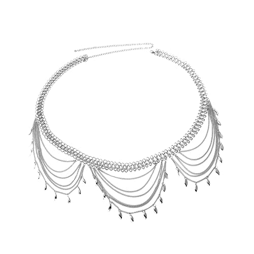 AKOOSY Mehrlagige Taillenkette mit Glänzenden Blätteranhängern Silberfarbener Metall Gürtel Modischer Körperschmuck für Frauen für Strand Festival und Party Vielseitig Kombinierbar mit von AKOOSY