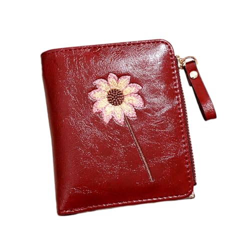 AKOOSY PU Damen Geldbörse mit Blumenmuster Faltbare Kompakte Bifold Brieftasche mit Reißverschluss Schlankes Münzfach Multifunktional für Karten und Bargeld Weinrot von AKOOSY