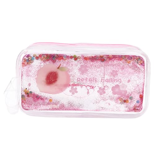 AKOOSY PVC Federmäppchen mit Glänzendem Quicksand Glanz Großer Kapazität Pfirsich Motiv Multifunktionale Transparente Kosmetiktasche Robust Tragbar für Schule und Reise von AKOOSY