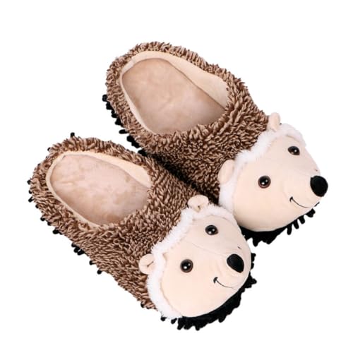 AKOOSY Plüsch Hausschuhe mit Igel Rutschfeste Winterpantoffeln Weiche Warme Baumwollhausschuhe für Damen und Mädchen Kuschelige Indoor Schuhe Braun von AKOOSY