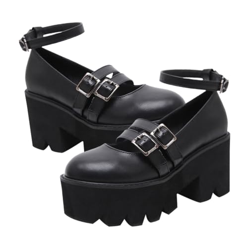 AKOOSY Retro Damen Schuhe Runde Zehen Dicker Blockabsatz rutschfeste Atmungsaktive Lederschuhe Modisch und Angenehm für Arbeit Party und Alltag Schwarz von AKOOSY