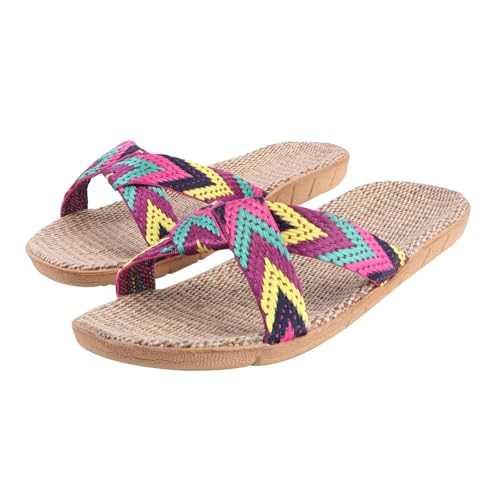 AKOOSY Rutschfeste Hausschuhe für Herren und Damen Sommerliche Indoor pantoletten mit Atmungsaktivem Leinenbezug Leichtes in Violett Geeignet für Alltag zu Hause von AKOOSY