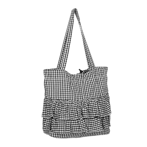 AKOOSY Schwarze Canvas Tote Bag mit Kariertem Muster und Rüschensaum Stilvolle Robuste Damen Schultertasche für Arbeit Schule Strand und Einkaufstasche Großer Stauraum Bequem Tragbar von AKOOSY