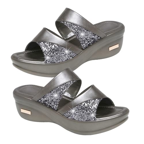 AKOOSY Sommer Damen Wedges Slipper mit Dicker Keilsohle Bequemes Casual Strandpantoletten Graue Offene Fischmaul Sandalen Rutschfest und Langlebig von AKOOSY