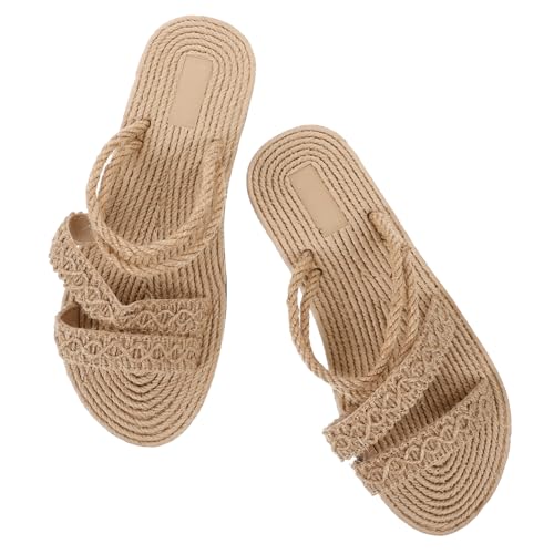 AKOOSY Strandsandalen Damen Flach Geflochtene Bastsohle Komfortabel Leicht Sommer Freizeit Sandalen Beige Elegant Vielseitig Für Urlaub Alltag von AKOOSY