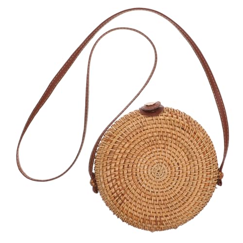AKOOSY Strandtasche Damen Rund Geflochtene Strohtasche Vintage Umhängetasche Handgewebt Leicht Beige Mit Lederverschluss Für Freizeit Picknick Und Alltag von AKOOSY