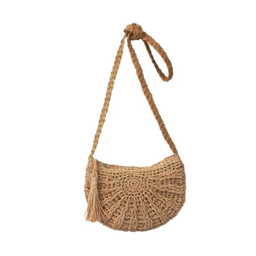 AKOOSY Strapazierfähige Strohtasche Damen Handgefertigt Halbmond Form Geflochtene Umhängetasche mit Quaste für Strandurlaub Hellbraun von AKOOSY