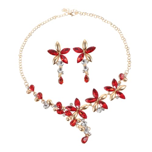 AKOOSY Strass Blüten Schmuckset Damen Halskette Ohrring Set Rote Blumenform mit Funkelnden Kristallen Modisches Accessoire für Party Festival Alltag Langlebiges Legierungsmaterial von AKOOSY