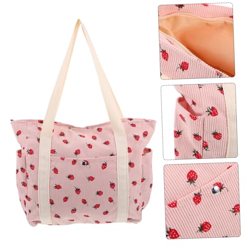 AKOOSY Strawberry Tote Bag Damen Cord Schultertasche mit Seitentasche Umhängetasche für Frühling Sommer Langlebige Stoffqualität Elegantes Design für Arbeit Freizeit von AKOOSY