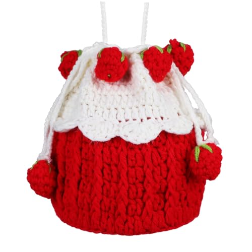 AKOOSY Stricktasche Erdbeer Kuchen Optik mit Kordelzug Weiche Haptik Leicht Tragbar Häkel Umhängetasche für Frauen und Teenager Süße Handtasche für Alltag und Unterwegs von AKOOSY