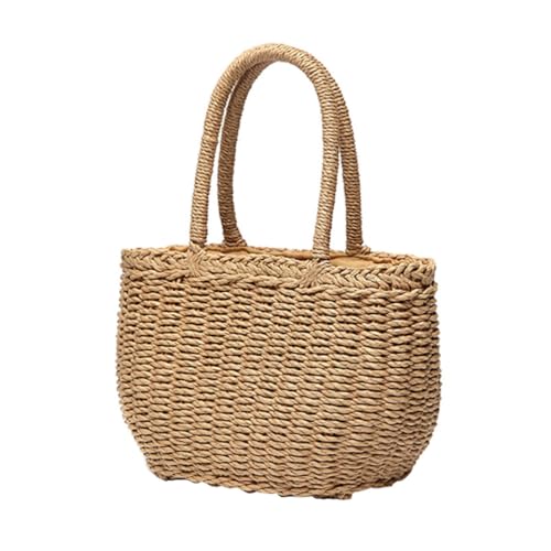 AKOOSY Stylische Damen Handtasche aus Weizenstroh Handgewebt Tragbare Umhängetasche mit Kordelzug Leichte Freizeit Tasche in Khaki Modisch und Vielseitig für Alltag und Ausflüge von AKOOSY