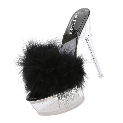 AKOOSY Stylische Damen High Heel Sandalen mit Dünnem Absatz Flauschige Transparente Wasserdichte Slipper Sommerpantolette für Frauen Komfortabel und Elegant Geschenkidee für Freundin von AKOOSY