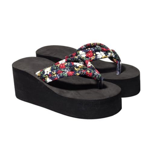 AKOOSY Stylische Damen Sandalen mit Dicker Sohle Bequeme Keilabsatz Slipper für Sommer Modische Flops Rutschfeste Hausschuhe für Indoor und Outdoor Schnelles An Ausziehen Schwarz von AKOOSY