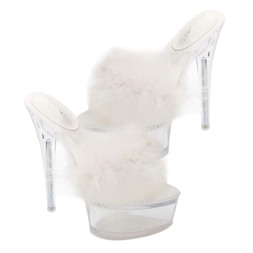 AKOOSY Transparente High Heeled Sandalen Damen Dünne Absatz Slipper Fluffy Design Bequemes Ausziehen Vielseitig Kombinierbar zu Jeans Röcken Party und Alltag Hautfreundliches Material von AKOOSY