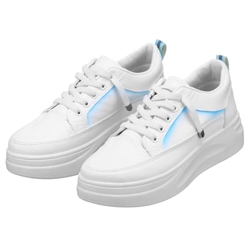 AKOOSY Weiße Damen Sneaker mit Dicker Sohle Flache Freizeitschuhe aus Weichem PU Kunstleder und Strapazierfähig Trendige Alltagsschuhe für Frauen von AKOOSY