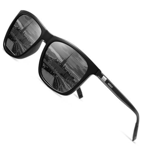 AKRAY Rechteckig Sonnenbrille Herren Polarisiert Fahrerbrille UV400 Schutz CAT 3 für Outdoor Sport A387 (Gestell: Schwarz Gläserfarbe: Grau) von AKRAY