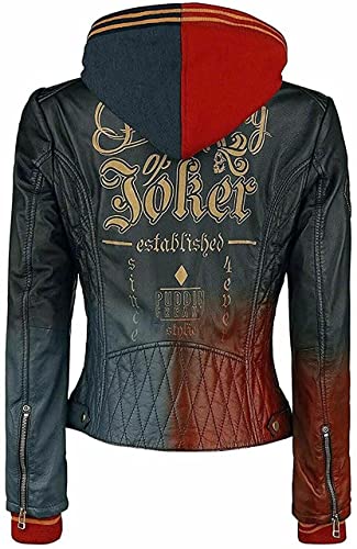 AKSAH FASHION Damen Greifvögel Harley Quinn Kostüm Steppleder Bomber Blau Rot Jacke mit abnehmbarer Kapuze, mehrfarbig, 38 von AKSAH FASHION