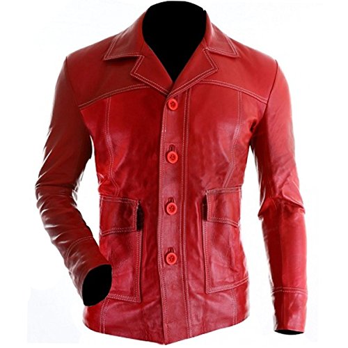 AKSAH FASHION Herren Brad Pitt Fight Club Tyler Durden Coat Rot Biker Echtleder Jacke | Rot Ledermantel, rot, L von AKSAH FASHION