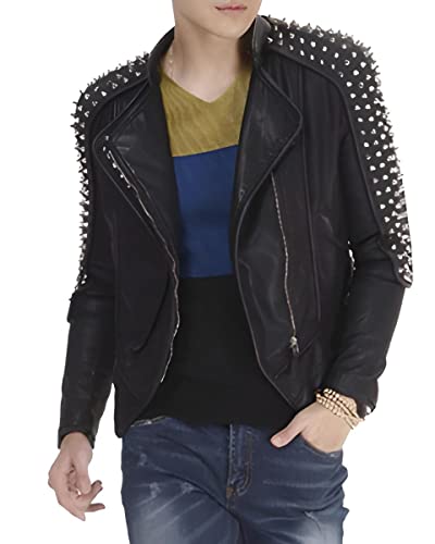 AKSAH FASHION Herren Slim Fit Black Rock Nieten Spikes Biker Motorrad Punk Echtleder Jacke, Schwarz , M von AKSAH FASHION