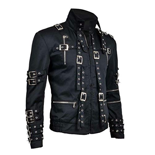 Aksah Fashion S Herren Michael MJ King of Pop Bad Concert Tour Black Biker Baumwolle Jacke mit Gürtel Kostüm, Jacke, XS von AKSAH FASHION