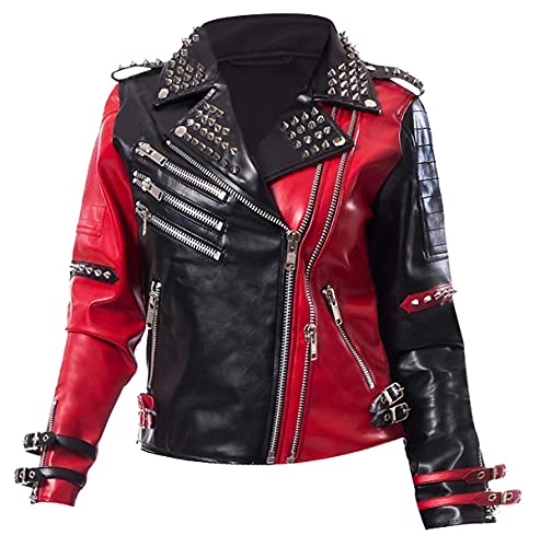 Aksah Fashion Damen Suicide Squad Margot Robbie Harley Quinn Kostüm Cosplay Leder Bomber Blau & Rot Jacke, schwarz / rot, 46 von Aksah Fashion