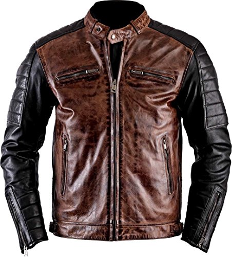 Aksah Fashion s Dunkelbraune Lederjacke Herren - Cafe Racer Echtleder Motorradjacke mit schwarzen Ärmeln, braun, XL von AKSAH FASHION