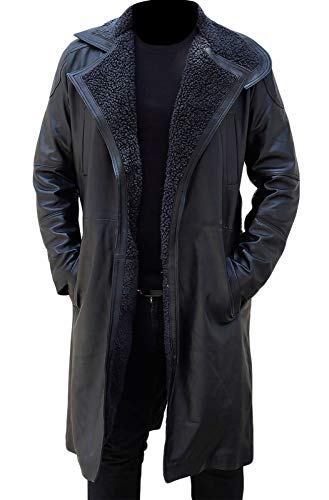 Aksah Fashion Herren Blade Runner 2049 Ryan Gosling Officer K Braun Trenchcoat mit Pelzkragen Leder, Schwarz , S von Aksah Fashion