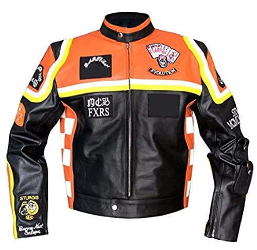 Aksah Fashion s Herren HDDM Mickey Rourke Biker Rindsleder Jacke | Orange und Schwarz Lederjacke, mehrfarbig, L von AKSAH FASHION