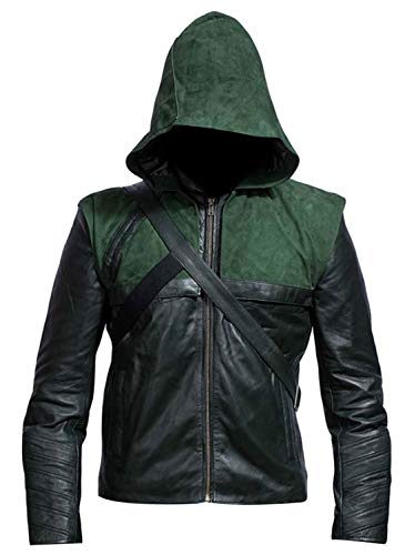 Aksah Fashion Motorrad Biker Oliver Queen Green Arrow Jacke mit abnehmbarer Kapuze Trachtenjacke, Schwarz , S von Aksah Fashion