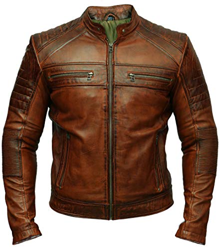 Herren Biker Cafe Racer Retro Vintage Motorrad Wachs Braun Used-Lederjacke, braun, L von AKSAH FASHION