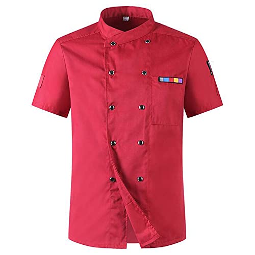 AKSHVA Kochjacke, Essen Bedienung Koch Uniform Koch Jacke Männer Frauen Kurzarm Koch Uniform Gastronomie Küche Restaurant Bäcker Bedienung Overall (Color : Red, Size : B(L)) von AKSHVA