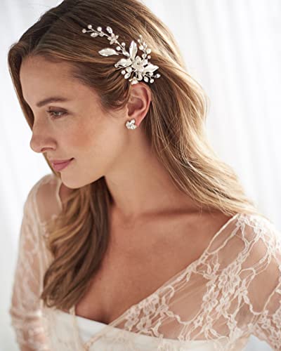 Braut Haarschmuck,Hochzeit Haarschmuck für die Braut,Eleganter Braut Haarspange/Haarclip/Haarnadeln/Haarkamm/Kopfschmuck mit Perlen Strass Kristall für Damen Mädchen,Blumen Brautschmuck Haare,Silber von AKSXU