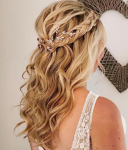 Vintage Braut Haarschmuck - Boho Haarband & Haarreif mit Blätter und Kristall für Damen & Mädchen, Gold von AKSXU