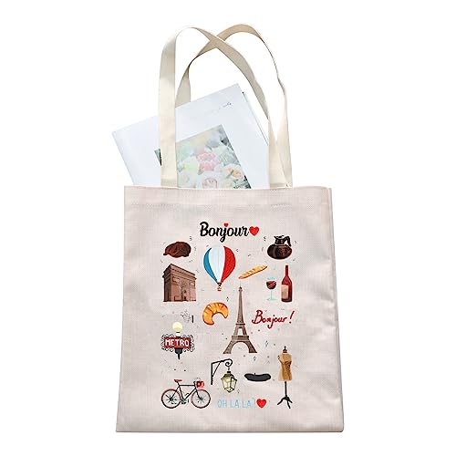 AKTAP Bonjour Paris Frankreich Tragetasche Paris Vibes Tragetasche Für Frauen Frankreich Collage Tasche Französisch Reise Tragetasche, Paris Vibes Tragetasche, 32 * 37cm von AKTAP