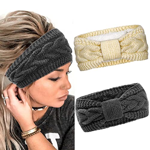 2 Stück Winter Stirnband Damen Strick Ohrenwärmer Haarband Haarreifen Mädchen Geknotet Gestrickt Stirnbänder Verdicken Frauen Haarbänder Häkelarbeit Elastische Plüsch Skifahren (Dunkelgrau + Beige) von AKTVSHOW