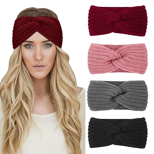 AKTVSHOW 4 Stück Winter Stirnband Damen Gestrickt Frauen Haarreifen Haarbänder Breit Ohrenwärmer Häkelarbeit Elastische Weinrot Haarschmuck von AKTVSHOW