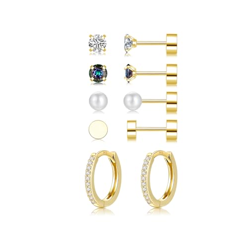 Ohrringe Set, Ohrringe Gold mit Zirkonia Perlen Ohrstecker Gesundheitsstecker, Klein Piercing Ohr Helix Tragus Piercing Schlafen Ohrstecker Silber Creolen für Damen Herren Mädchen (Gold) von AKUSESALI