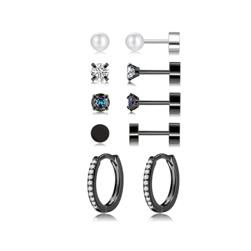 Ohrringe Set, Ohrringe Schwarz mit Zirkonia Perlen Ohrstecker Gesundheitsstecker, Klein Piercing Ohr Helix Tragus Piercing Schlafen Ohrstecker Silber Creolen für Damen Herren Mädchen (Schwarz) von AKUSESALI
