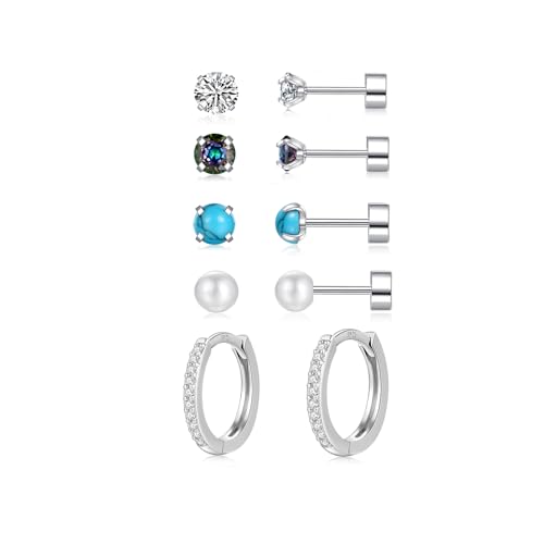Ohrringe Set, Ohrringe Silber 925 mit Zirkonia Perlen Türkis Ohrstecker Gesundheitsstecker, Klein Piercing Ohr Helix Tragus Piercing Schlafen Ohrstecker Silber Creolen für Damen Herren Mädchen von AKUSESALI