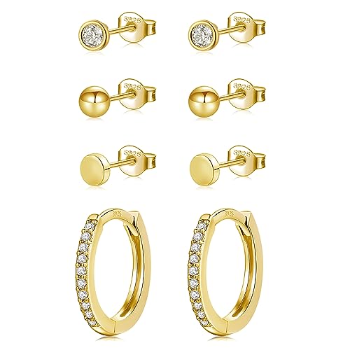 Ohrringe Set Ohrringe Silber 925, 4 Paar Ohrstecker Silber 925 Creolen Ohrringe Gold/Silber/Rosegold con Cubic Zirkonia, Kleine Ball Flache Ohrstecker Set für Damen Herren Mädchen 4 5 12mm (Gold) von AKUSESALI