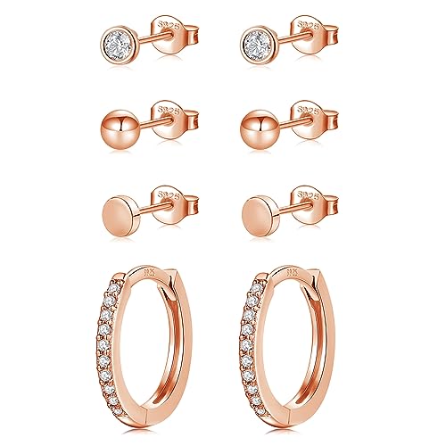Ohrringe Set Ohrringe Silber 925, 4 Paar Ohrstecker Silber 925 Creolen Ohrringe Gold/Silber/Rosegold con Cubic Zirkonia, Kleine Ball Flache Ohrstecker Set für Damen Herren Mädchen 4 5 12mm rosegold von AKUSESALI