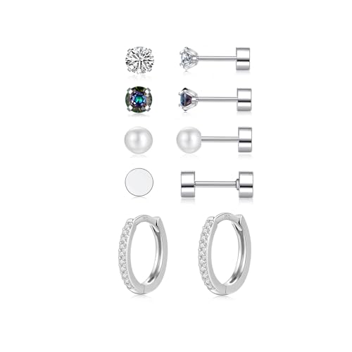 Ohrringe Set, Ohrringe Silber 925 mit Zirkonia Perlen Ohrstecker Gesundheitsstecker, Klein Piercing Ohr Helix Tragus Piercing Schlafen Ohrstecker Silber Creolen für Damen Herren Mädchen von AKUSESALI