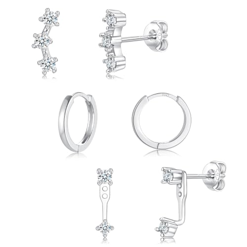 Ohrringe Silber 925, 3 Paar Ohrstecker Silber 925 Ohrringe Set mit Zirkonia, Ohrstecker Silber Gold Piercing Ohr Schlafen Knorpel Tragus für Damen Mädchen (silber) von AKUSESALI