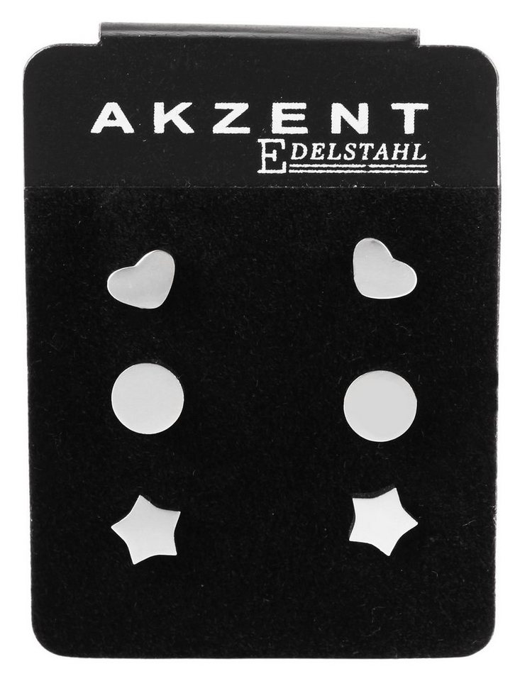 AKZENT Paar Ohrstecker Malee 3 Ohrstecker im Set aus Edelstahl (Herz, Stern, Kreis) (Paar, Paar), Damen Ohrring von AKZENT