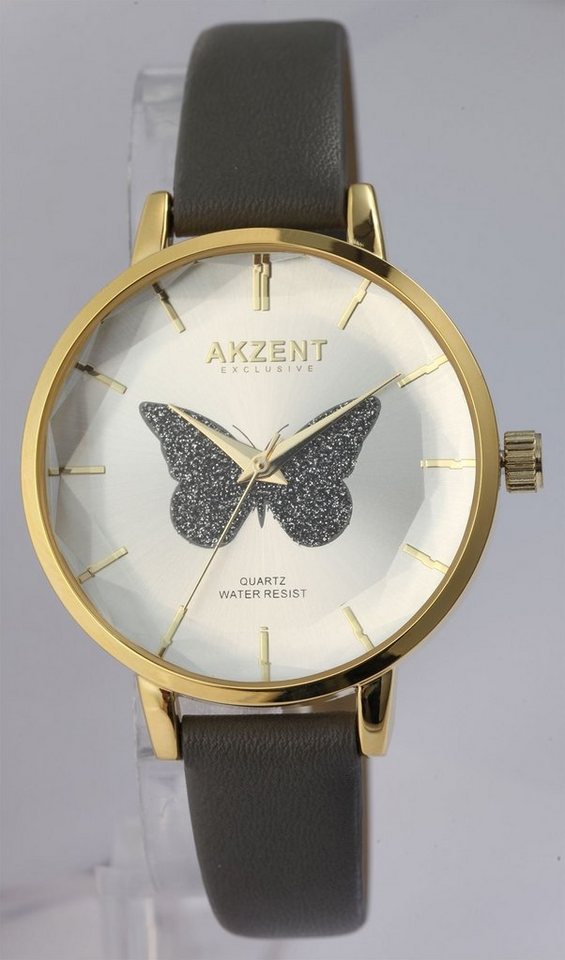 AKZENT Quarzuhr Fly Damen Armbanduhr mit Lederimitationsband Schmetterling, Damenuhr Lederimitat von AKZENT